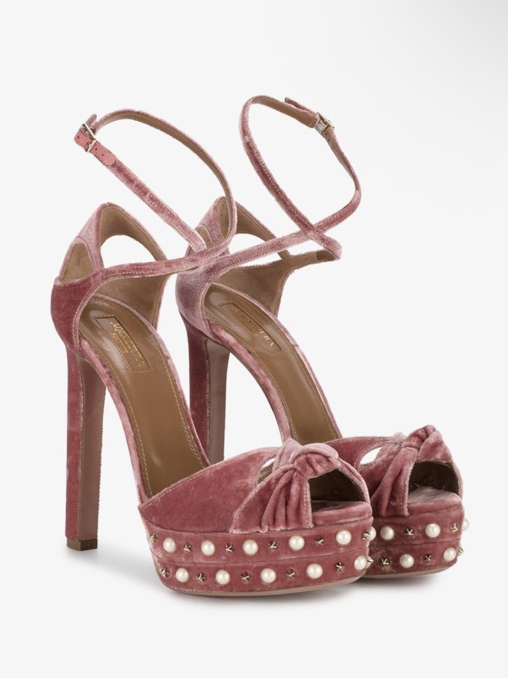 Aquazzura Dusty Pink Velvet Platform Ankle-Strap Heels with Pearl Studs